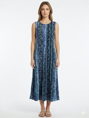VINTAGE 90s Flowy Bohemian Soft Rayon Dress Blue Black Print M